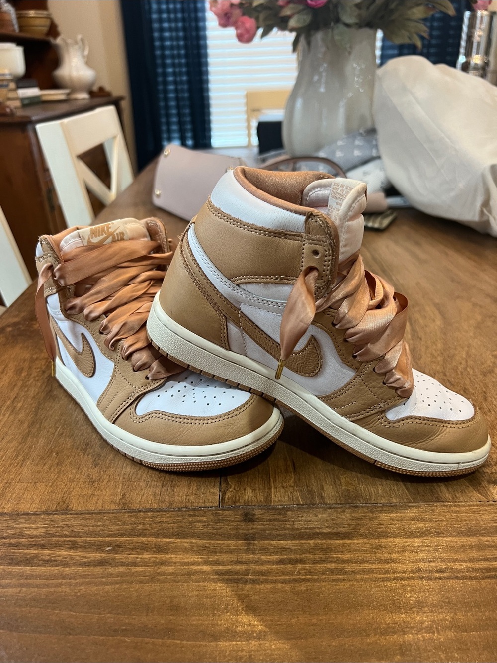 Nike Kids High-Top Sneakers in Tan and White with Satin Laces
